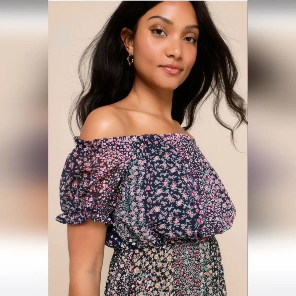 Lulus Neva Navy Blue Floral Print Off-the-Shoulder Maxi Dress Mini-Lined MED NWT - Picture 2 of 11